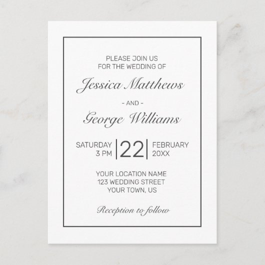 Moderne minimalistische witte zwarte bruiloft uitn briefkaart (Voorkant)