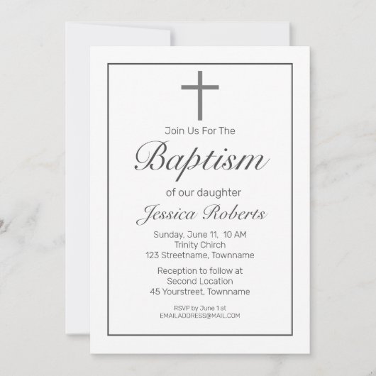 Moderne minimalistische witte zwarte doop uitnodig kaart (Voorkant)