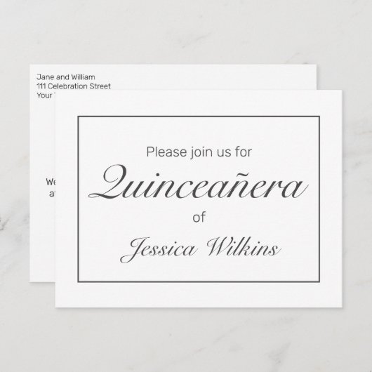 Moderne minimalistische witte zwarte quinceañera aankondigingskaart (Voorkant / Achterkant)