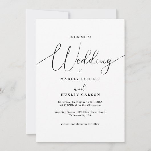 Moderne minimalistische witte zwarte script bruilo kaart (Voorkant)