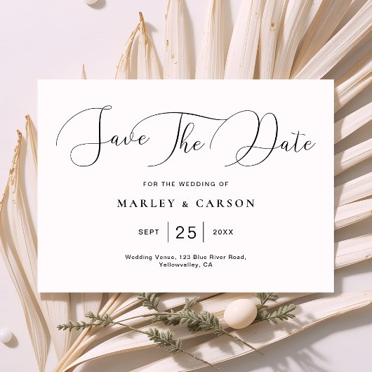 Moderne minimalistische witte zwarte script bruilo save the date