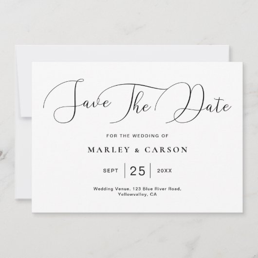 Moderne minimalistische witte zwarte script bruilo save the date (Voorkant)