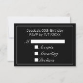 Moderne minimalistische witte zwarte verjaardag RSVP kaartje (Achterkant)