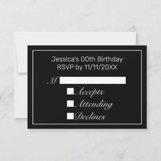 Moderne minimalistische witte zwarte verjaardag RSVP kaartje (Achterkant)