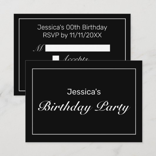 Moderne minimalistische witte zwarte verjaardag RSVP kaartje (Voorkant / Achterkant)