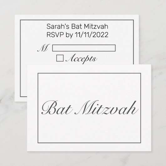 Moderne minimalistische witte zwarte vleermuis mit RSVP kaartje (Voorkant / Achterkant)