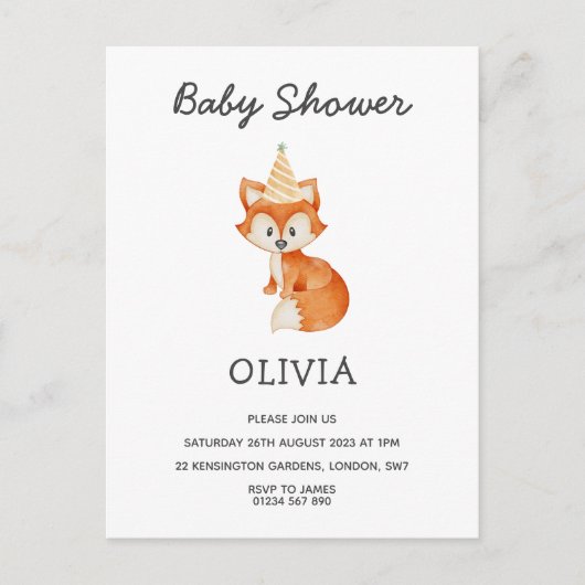 Moderne minimalistische Woodland Fox Baby shower Briefkaart (Voorkant)