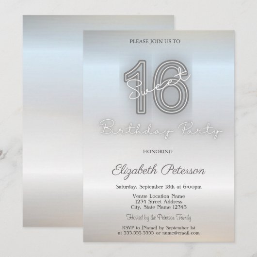 Moderne minimalistische zilveren zoet 16 kaart (Voorkant / Achterkant)