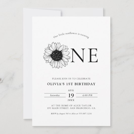 Moderne minimalistische zonnebloem 1ste verjaardag kaart (Voorkant)