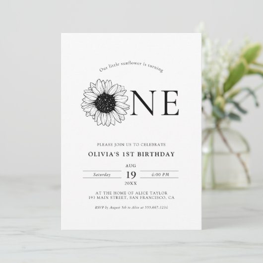 Moderne minimalistische zonnebloem 1ste verjaardag kaart (Staand voorkant)