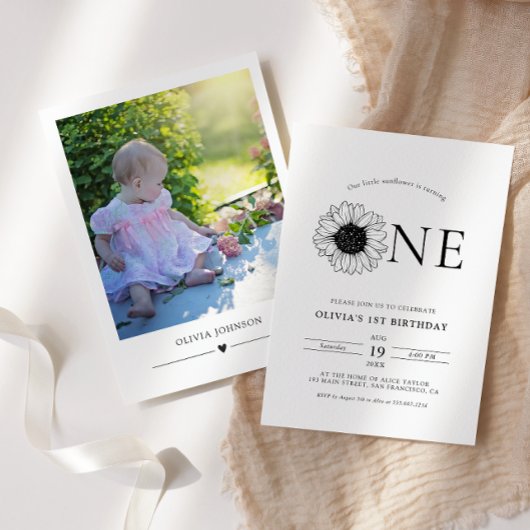 Moderne minimalistische zonnebloem 1ste verjaardag kaart