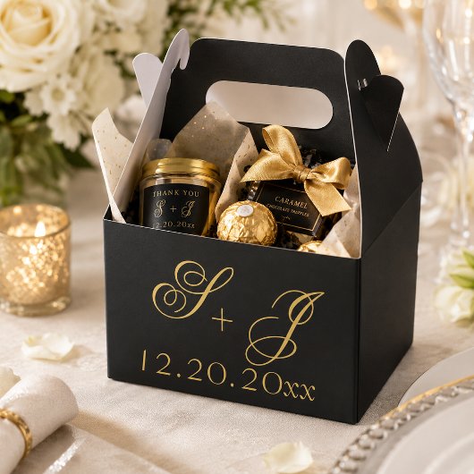 Moderne Minimalistische Zwar Gouden Monogram Bruil Bedankdoosjes