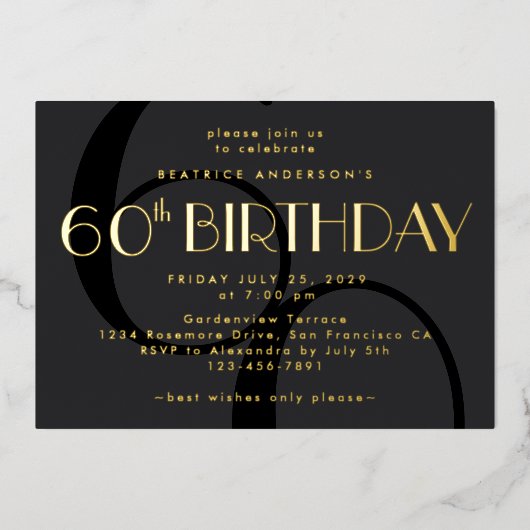 Moderne minimalistische zwart 60e verjaardag goud folie uitnodiging (Voorkant)