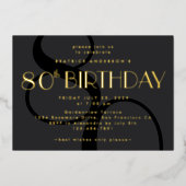 Moderne minimalistische zwart 80e verjaardag goud folie uitnodiging (Voorkant)