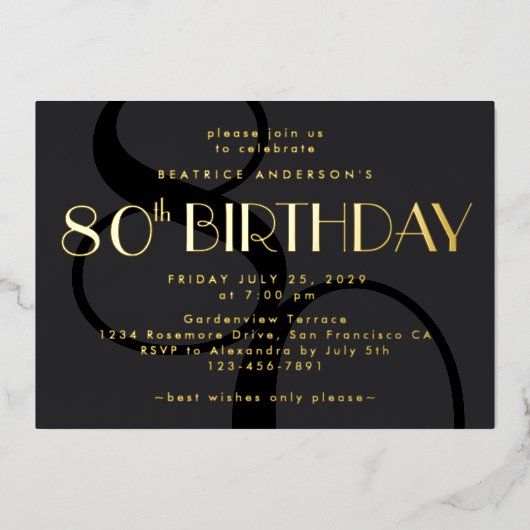 Moderne minimalistische zwart 80e verjaardag goud folie uitnodiging (Voorkant)