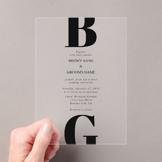 Moderne minimalistische zwart en duidelijke monogr acryl uitnodigingen (Insitu (Draagbaar))
