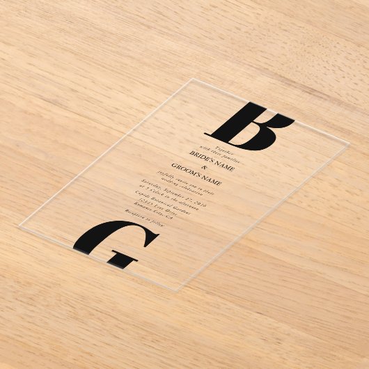 Moderne minimalistische zwart en duidelijke monogr acryl uitnodigingen (Laagn)