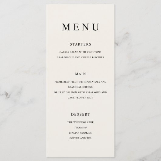 Moderne minimalistische zwart en Ecru bruiloft Menu (Voorkant)