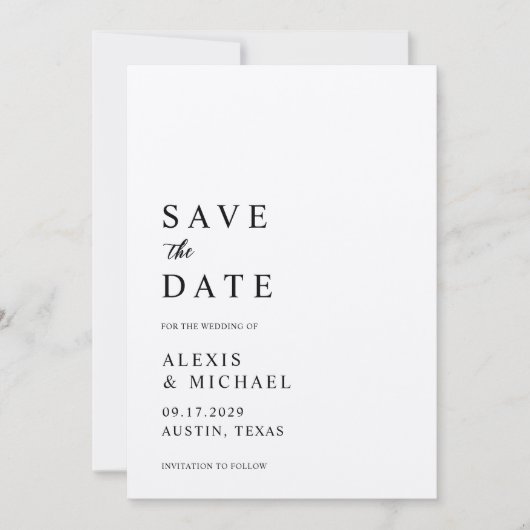Moderne minimalistische zwart en Ecru bruiloft Save The Date (Voorkant)