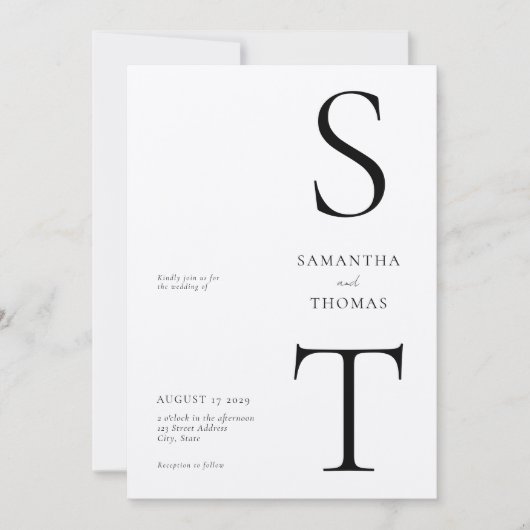 Moderne minimalistische zwart en Ecru monogram bru Kaart (Voorkant)