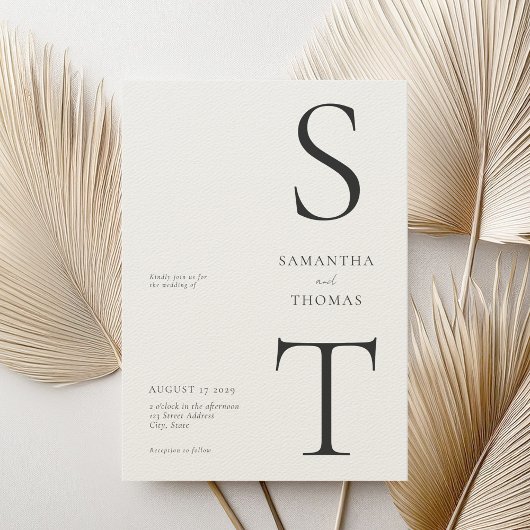 Moderne minimalistische zwart en Ecru monogram bru Kaart