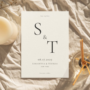 Moderne minimalistische zwart en Ecru monogram bru Save The Date