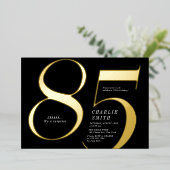 Moderne minimalistische zwart en goud 85e verjaard folie uitnodiging (Staand Voorkant)