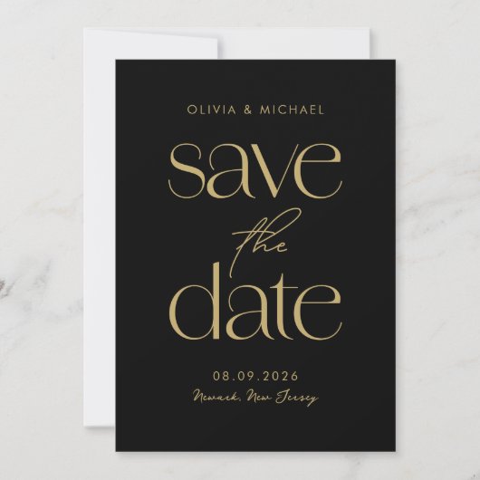 Moderne minimalistische zwart en goud chique bruil save the date (Voorkant)