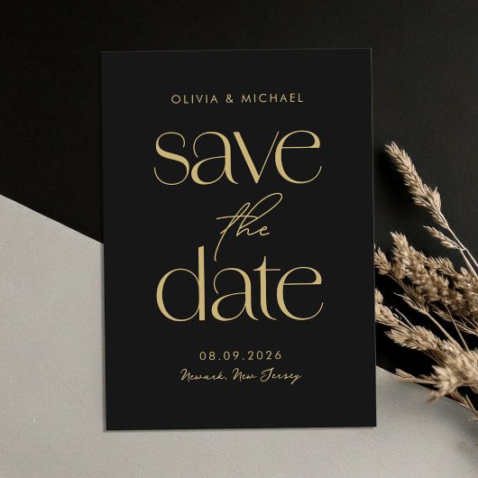Moderne minimalistische zwart en goud chique bruil save the date