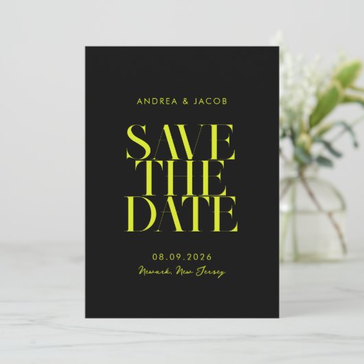 Moderne minimalistische zwart gele chique bruiloft save the date (Staand voorkant)