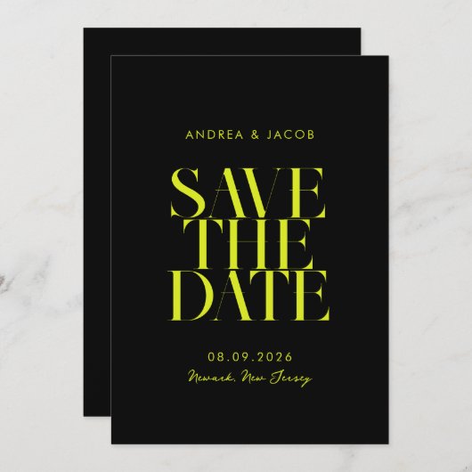 Moderne minimalistische zwart gele chique bruiloft save the date (Voorkant / Achterkant)
