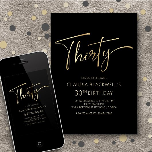 Moderne minimalistische zwart goud 30e verjaardag kaart