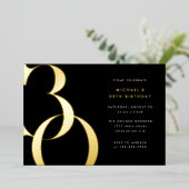Moderne minimalistische zwart goud 30e verjaardags folie uitnodiging (Staand Voorkant)