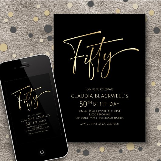 Moderne minimalistische zwart goud 50ste verjaarda kaart