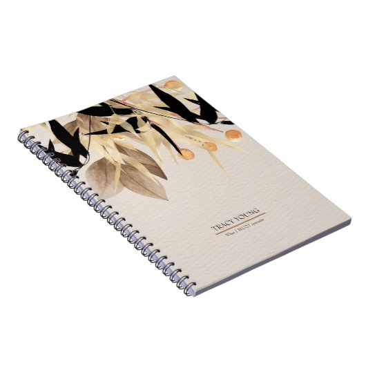 Moderne minimalistische zwart gouden bloemspiraal notitieboek (Rechterzijde)