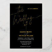 Moderne minimalistische zwart-gouden bruiloft folie uitnodiging (Voorkant)