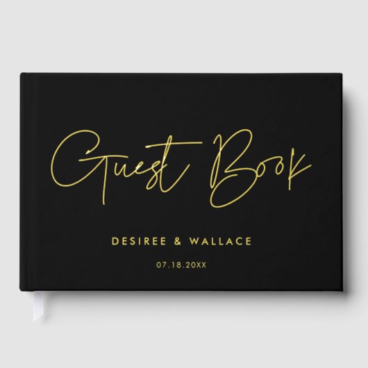 Moderne minimalistische zwart-gouden bruiloft gastenboek (Voorkant)