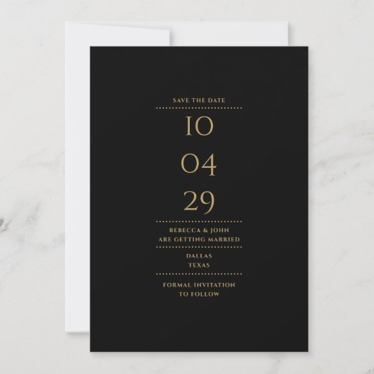 Moderne minimalistische zwart-gouden bruiloft save the date (Voorkant)