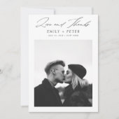 Moderne minimalistische zwart script foto bruiloft bedankkaart (Voorkant)