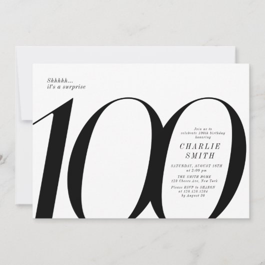 Moderne minimalistische zwart-wit 100e verjaardag kaart (Voorkant)