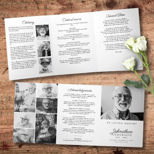 Moderne Minimalistische Zwart&Wit 10-Foto Funeral Drieluik Programma