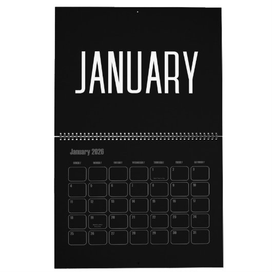 Moderne minimalistische zwart-wit 2024 kalender (Jan 2026)