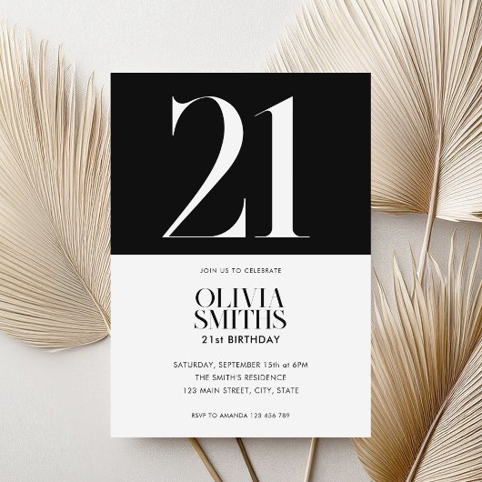 Moderne minimalistische zwart-wit 21e verjaardag kaart
