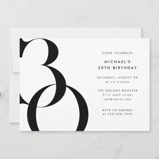 Moderne minimalistische zwart wit 30e verjaardagsf kaart (Voorkant)