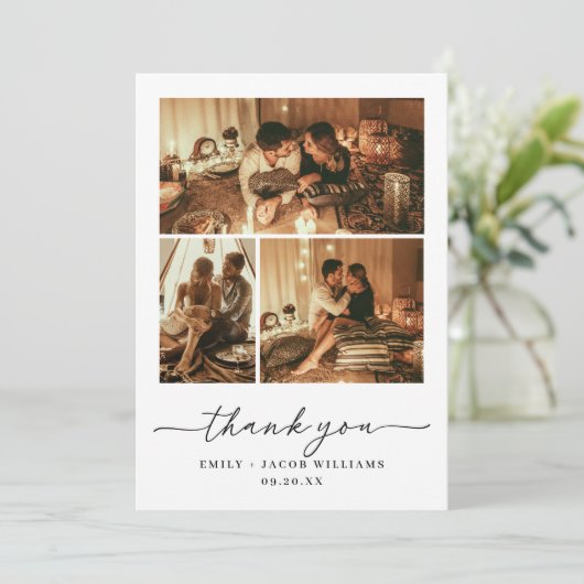 Moderne minimalistische zwart-wit 3 fotocollage bedankkaart (Staand voorkant)