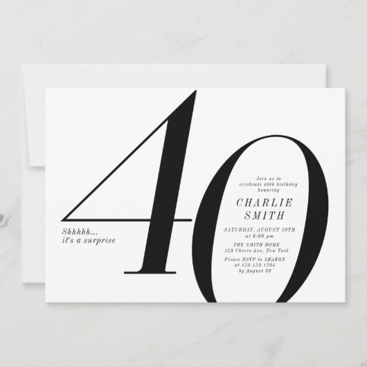 Moderne minimalistische zwart-wit 40e verjaardag kaart (Voorkant)