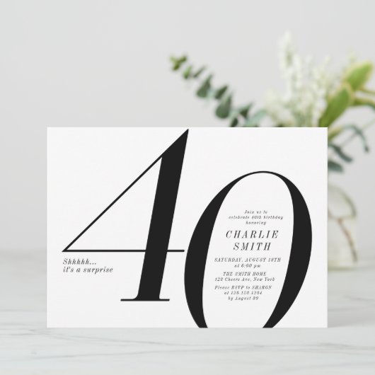 Moderne minimalistische zwart-wit 40e verjaardag kaart (Staand voorkant)