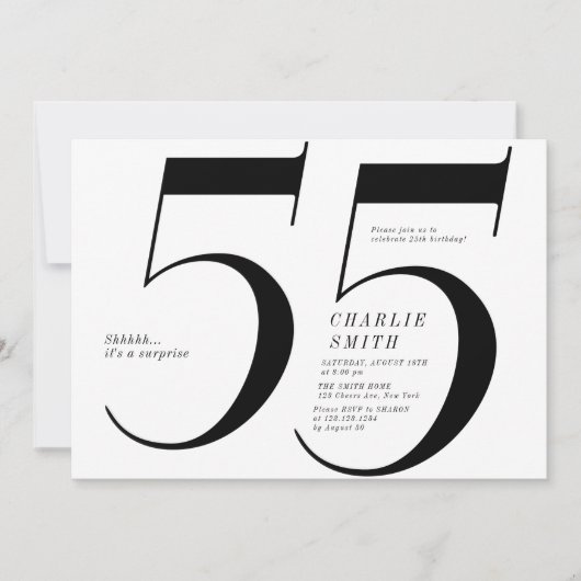Moderne minimalistische zwart-wit 55e verjaardag kaart (Voorkant)