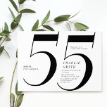 Moderne minimalistische zwart-wit 55e verjaardag kaart<br><div class="desc">Moderne zwart-wit minimalistische 55e verjaardagsfeestuitnodiging heeft een stijlvol nummer 55 en uw feestdetails in klassiek serif lettertype,  eenvoudig en elegant,  grote verrassing volwassen mijlpaal verjaardagsuitnodiging voor mannen en vrouwen.</div>