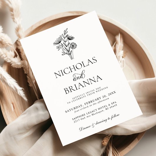 Moderne minimalistische zwart wit bloemenbruiloft kaart